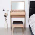 HOMCOM Two Piece Dressing Table Set With Padded Stool Flip Up Mirror Natural Wood Grain Effect