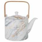 Premier Housewares Marble Effect Tea Pot, White, Bamboo Handle