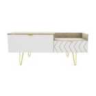 Ready Assembled Hirato TV Unit White And Bardolino Oak With Gold Metal Hairpin Legs