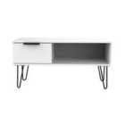 Ready Assembled Hirato 1 Drawer Coffee Table White With Black Metal Hairpin Legs
