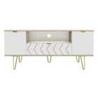 Ready Assembled Hirato Wide TV Unit White And Bardolino Oak Effect With Gold Metal Hairpin Legs