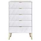 Ready Assembled Hirato 5 Drawer Chest Marble Gold Metal Hairpin Legs
