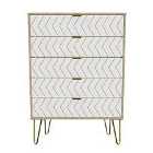 Ready Assembled Hirato 5 Drawer Chest Bardolino And White Gold Metal Hairpin Legs