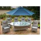 Flamingo 6 Reclining Chair Dining Set with 1.45m x 2.1m Oval Table Parasol & Base - Grey / Blue