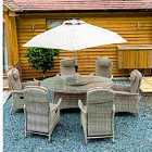 Flamingo 6 Reclining Chair Dining Set with 1.4m Round Table Parasol & Base - Natural / Taupe