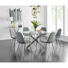 Furniture Box Novara Chrome Metal And Glass Large Round Dining Table And 6 x Elephant Grey Corona Silver Chairs Set