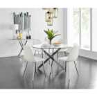 Furniture Box Novara Chrome Metal And Glass Large Round Dining Table And 4 x White Corona Silver Chairs Set