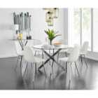 Furniture Box Novara Chrome Metal And Glass Large Round Dining Table And 6 x White Corona Silver Chairs Set