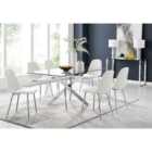 Furniture Box Leonardo Glass And Chrome Metal Dining Table And 6 x White Corona Silver Chairs
