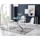 Furniture Box Leonardo Glass And Chrome Metal Dining Table And 4 x White Corona Silver Chairs Set