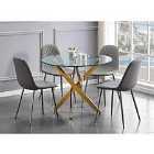 Furniture Box Novara Gold Metal Round Glass Dining Table And 4 x Elephant Grey Corona Silver Dining Chairs