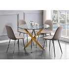 Furniture Box Novara Gold Metal Round Glass Dining Table And 4 x Cappuccino Grey Corona Silver Dining Chairs