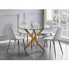 Furniture Box Novara Gold Metal Round Glass Dining Table And 4 x White Corona Silver Dining Chairs