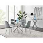 Furniture Box Novara Chrome Metal Round Glass Dining Table And 4 x Elephant Grey Corona Silver Dining Chairs