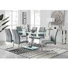 Furniture Box Florini White Glass And Metal V Dining Table And 6 x Elephant Grey Lorenzo Dining Chairs Set