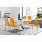 Furniture Box Atlanta Modern Rectangle Chrome Metal High Gloss White Dining Table And 6 x Mustard Milan Chairs Set
