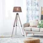 HOMCOM Free Standing Floor Lamp Bedside Light Tripod Holder Fabric Shade Grey