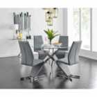 Furniture Box Novara Chrome Metal And Glass Large Round Dining Table And 4 x Elephant Grey Willow Chairs Set
