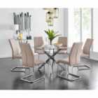 Furniture Box Novara Chrome Metal And Glass Large Round Dining Table And 6 x Cappuccino Grey Lorenzo Chairs Set