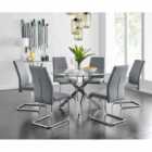 Furniture Box Novara Chrome Metal And Glass Large Round Dining Table And 6 x Elephant Grey Lorenzo Chairs Set