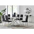 Furniture Box Mayfair Large White High Gloss And Stainless Steel Dining Table And 6 x Black Milan Dining Chairs