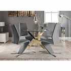 Furniture Box Novara Gold Metal Round Glass Dining Table And 4 x Elephant Grey Willow Dining Chairs