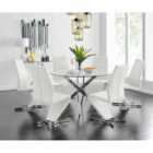 Furniture Box Novara Round Dining Table, 6x White Chairs