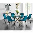 Furniture Box Novara 120cm Gold Round Dining Table and 6 x Blue Pesaro Black Leg Chairs