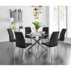 Furniture Box Novara Chrome Metal And Glass Large Round Dining Table And 6 x Black Isco Chairs Set