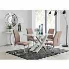 Furniture Box Mayfair 4 Seater White High Gloss And Stainless Steel Dining Table And 4 x Cappuccino Grey Lorenzo Chairs Set