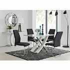 Furniture Box Mayfair 4 Seater White High Gloss And Stainless Steel Dining Table And 4 x Black Lorenzo Chairs Set
