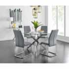 Furniture Box Novara Chrome Metal And Glass Large Round Dining Table And 4 x Elephant Grey Lorenzo Chairs Set