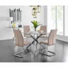 Furniture Box Novara Chrome Metal And Glass Large Round Dining Table And 4 x Cappuccino Grey Lorenzo Chairs Set