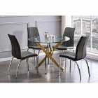 Furniture Box Novara Gold Metal Round Glass Dining Table And 4 x Black Isco Dining Chairs