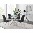 Furniture Box Novara Chrome Metal Round Glass Dining Table And 4 x Black Isco Dining Chairs