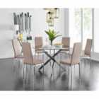 Furniture Box Novara Chrome Metal And Glass Large Round Dining Table And 6 x Cappuccino Grey Milan Chairs Set