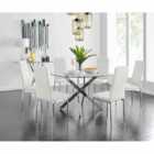 Furniture Box Novara Chrome Metal And Glass Large Round Dining Table And 6 x White Milan Chairs Set
