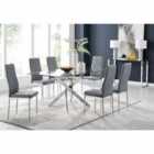 Furniture Box Leonardo Glass And Chrome Metal Dining Table And 6 x Elephant Grey Milan Chairs Dining Set