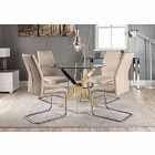 Furniture Box Novara Gold Metal Round Glass Dining Table And 4 x Cappuccino Grey Lorenzo Dining Chairs