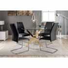 Furniture Box Novara Gold Metal Round Glass Dining Table And 4 x Black Lorenzo Dining Chairs
