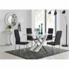 Furniture Box Mayfair 4 Seater White High Gloss And Stainless Steel Dining Table And 4 x Black Milan Chairs Set