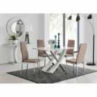 Furniture Box Mayfair 4 Seater White High Gloss And Stainless Steel Dining Table And 4 x Cappuccino Grey Milan Chairs Set
