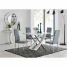 Furniture Box Mayfair 4 Seater White High Gloss And Stainless Steel Dining Table And 4 x Grey Milan Chairs Set