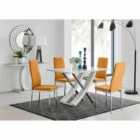 Furniture Box Mayfair 4 Seater White High Gloss And Stainless Steel Dining Table And 4 x Mustard Milan Chairs Set