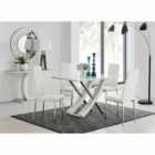 Furniture Box Mayfair 4 Seater White High Gloss And Stainless Steel Dining Table And 4 x White Milan Chairs Set