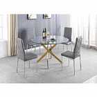 Furniture Box Novara Gold Metal Large Round Dining Table And 4 x Grey Milan Chairs Set