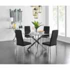 Furniture Box Novara Chrome Metal And Glass Large Round Dining Table And 4 x Black Milan Chairs Set