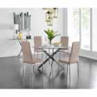 Furniture Box Novara Chrome Metal And Glass Large Round Dining Table And 4 x Cappuccino Grey Milan Chairs Set