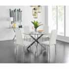 Furniture Box Novara Chrome Metal And Glass Large Round Dining Table And 4 x White Milan Chairs Set