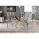 Furniture Box Novara Gold Metal Round Glass Dining Table And 4 x Elephant Grey Milan Dining Chairs